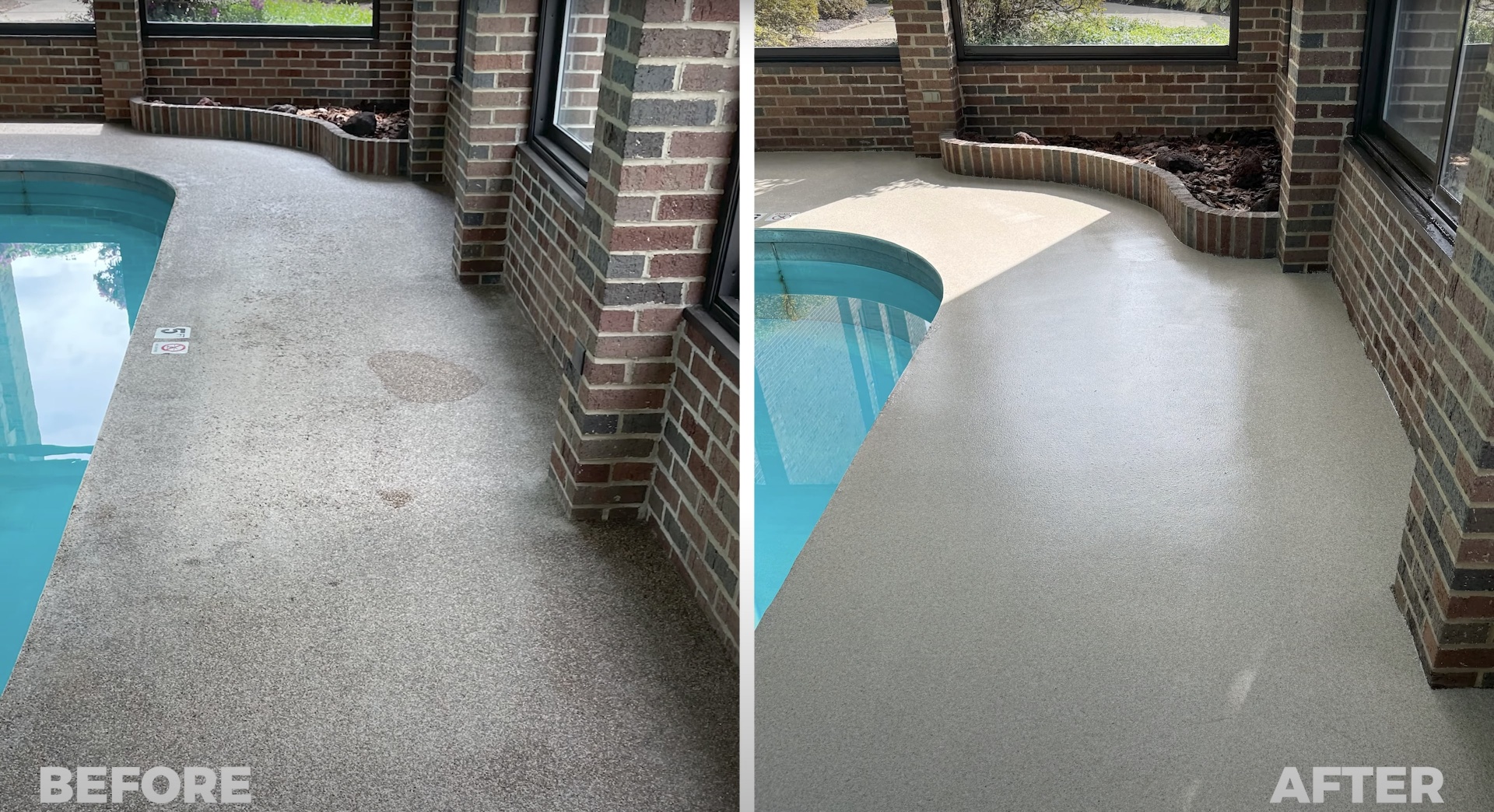 Before and after concrete pool deck resurfacing showing transformation in Grapevine, TX